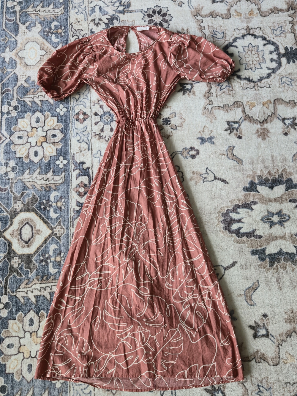 Lush Terracotta Leaf Print Open Back Cutout Midi Dress Size S